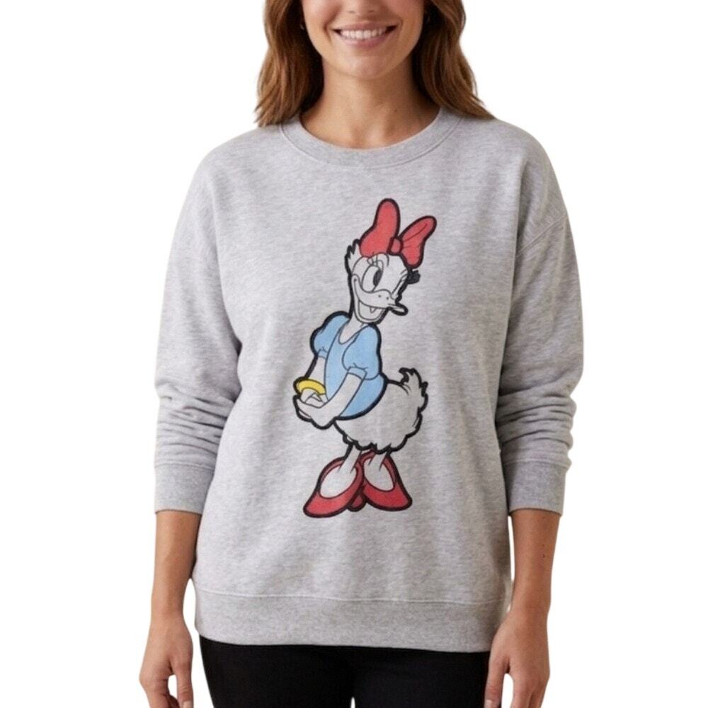 Disney Women's XL Light Heather Gray Daisy Duck Crewneck Sweatshirt Retro S5-22